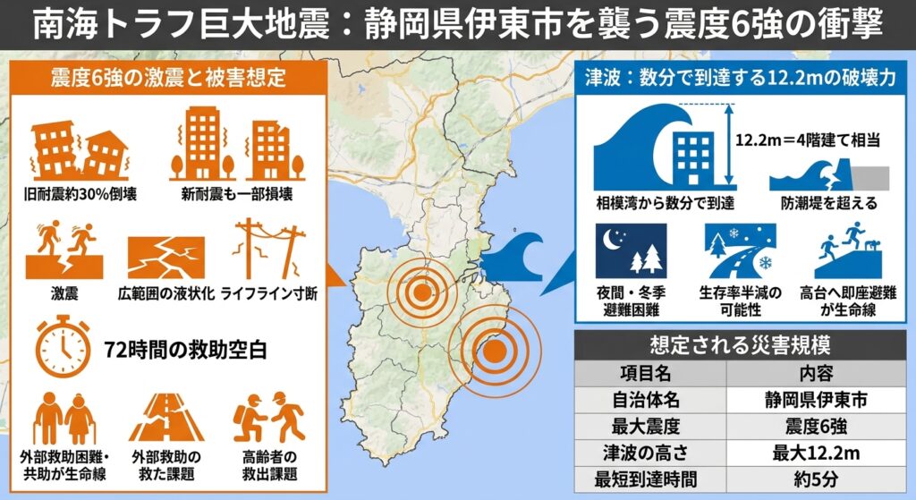 静岡県伊東市の南海トラフ地震の被害予想の図解