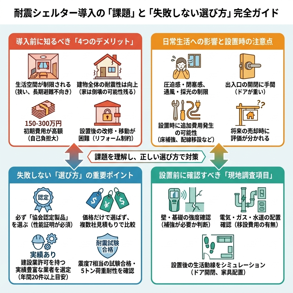 耐震シェルターのデメリットを解説した図解