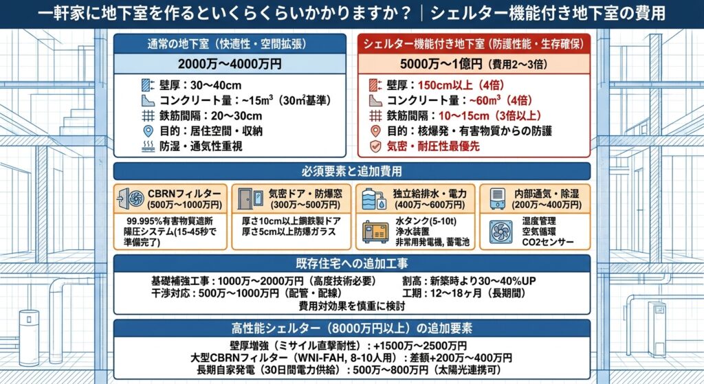 シェルターと一般的な地下室の違いの図解