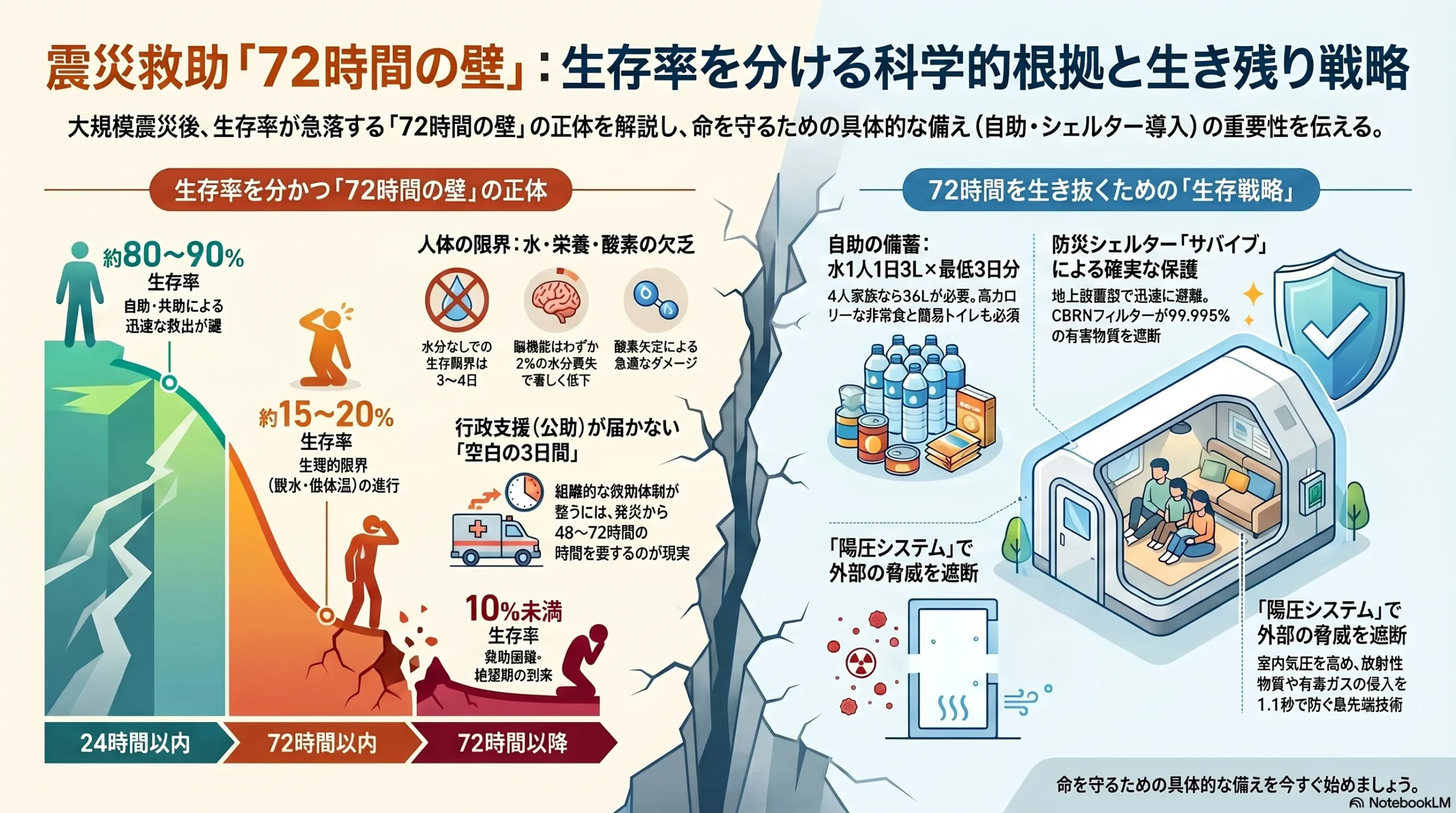 震災救助72時間を境に生存率が急降下する様子を示した図解グラフ