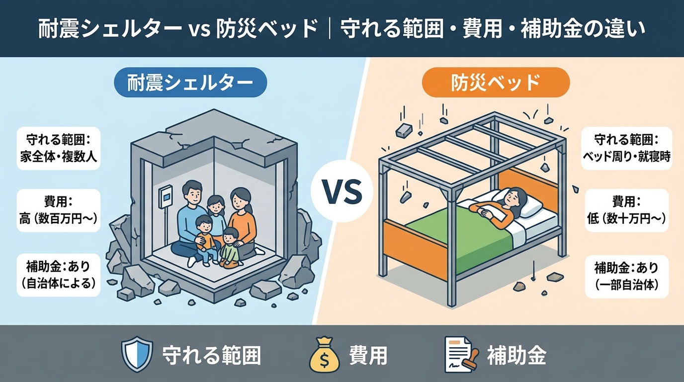 耐震シェルター vs 防災ベッド｜守れる範囲・費用・補助金の違い